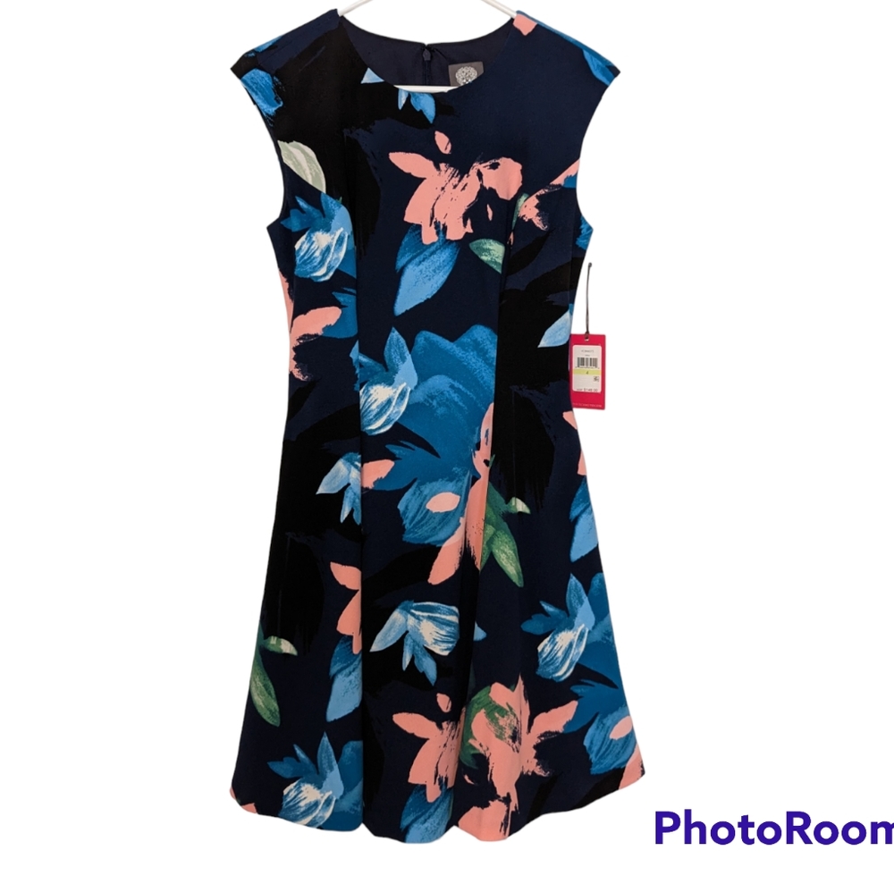 Vince Camuto navy floral sleeveless dress with pockets size 4